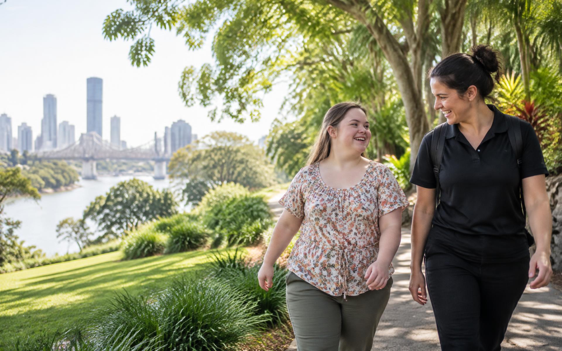 A participant and support worker enjoying time in their community